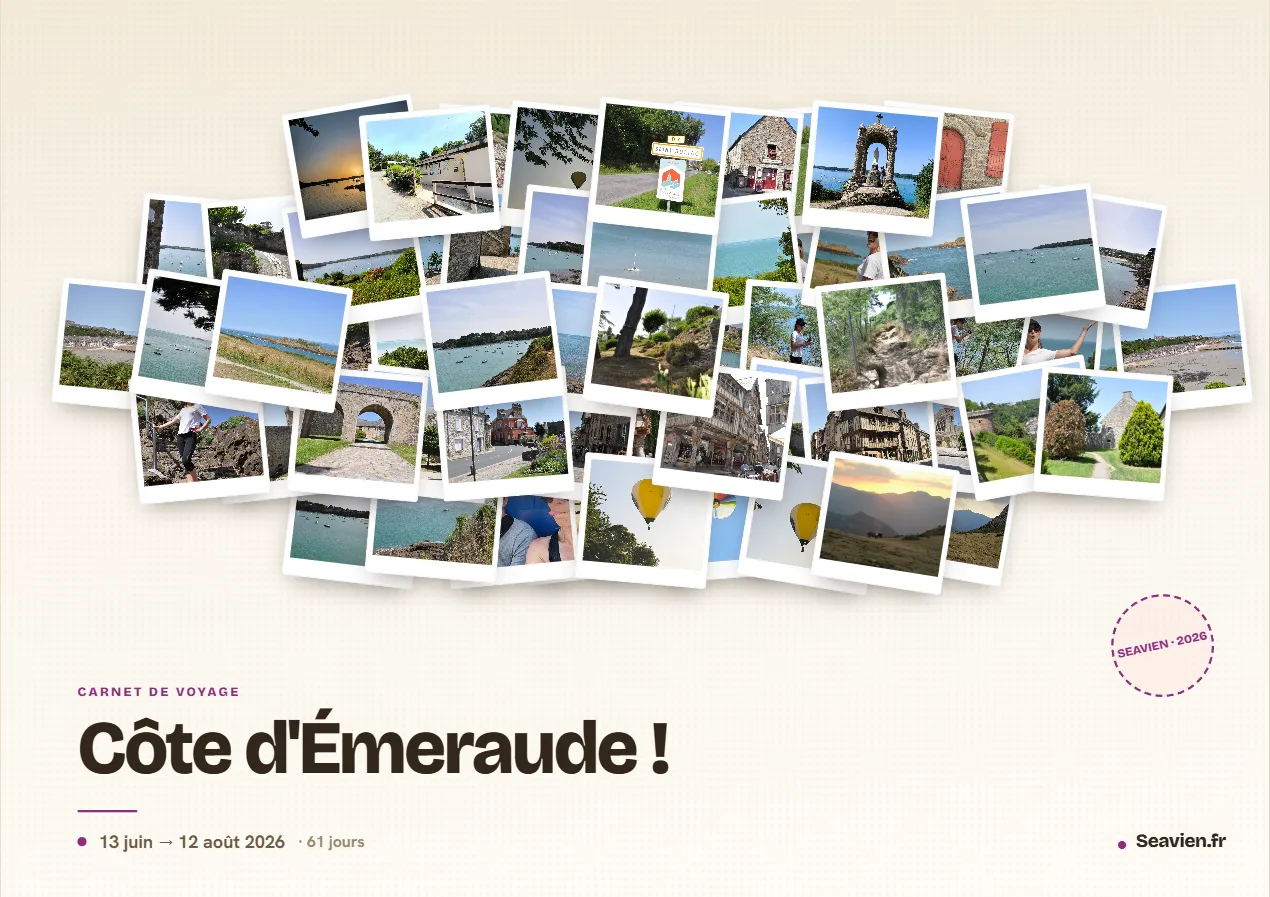 Couverture « Polaroïds » : une soixantaine de photos du voyage en polaroïds, au-dessus du titre Côte d'Émeraude.