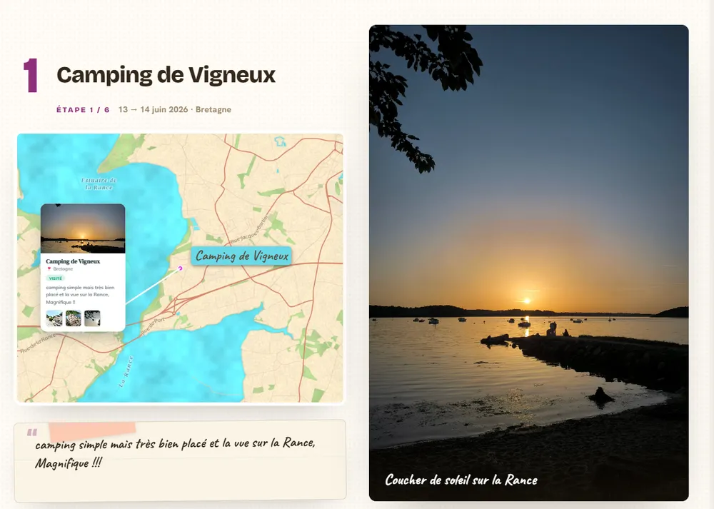 Ouverture de l'étape Camping de Vigneux, fond Aquarelle : couleurs lavées, nom de l'étape écrit à la main.