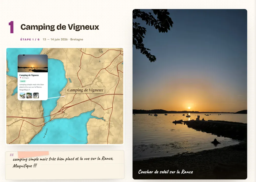 Ouverture de l'étape Camping de Vigneux, fond Atlas ancien : papier parcheminé, routes brun rouge, nom en italique.