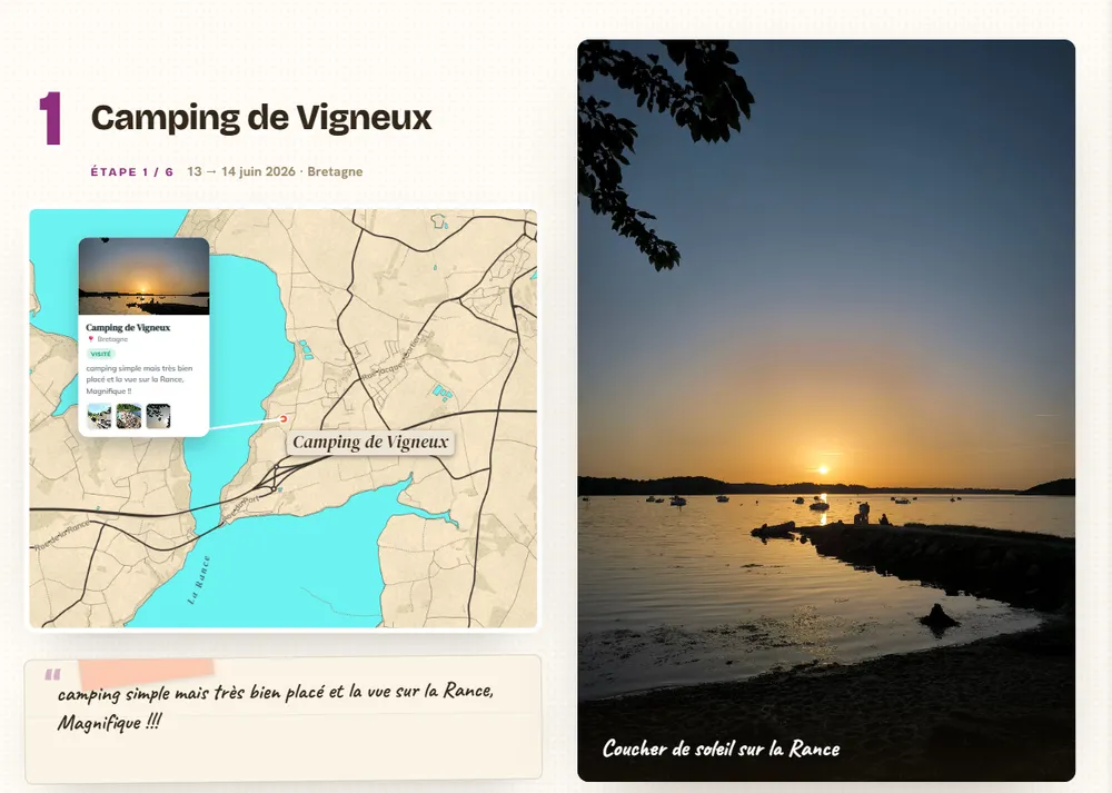 Ouverture de l'étape Camping de Vigneux, fond Papier et encre : papier crème, routes tracées à l'encre noire.