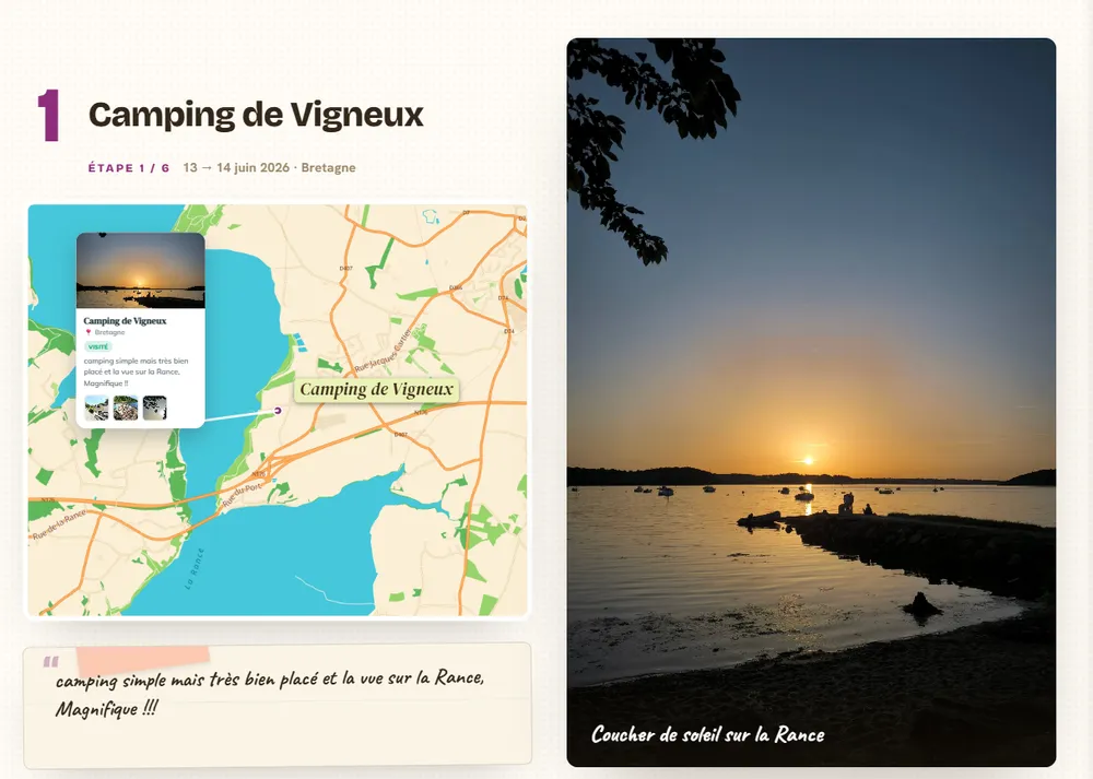 Ouverture de l'étape Camping de Vigneux, fond Plan : routes numérotées, forêts en vert, la Rance en bleu.