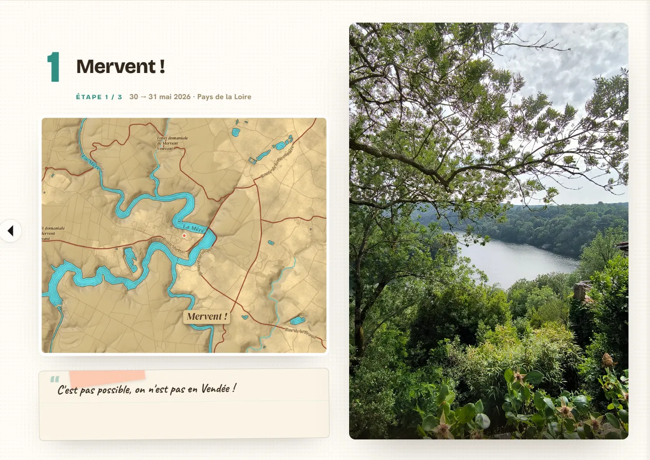 Double page d'ouverture d'étape : le titre « Mervent ! », la mention Étape 1 sur 3 du 30 au 31 mai 2026, une carte au fond papier montrant la rivière, une note manuscrite et une photo pleine page.