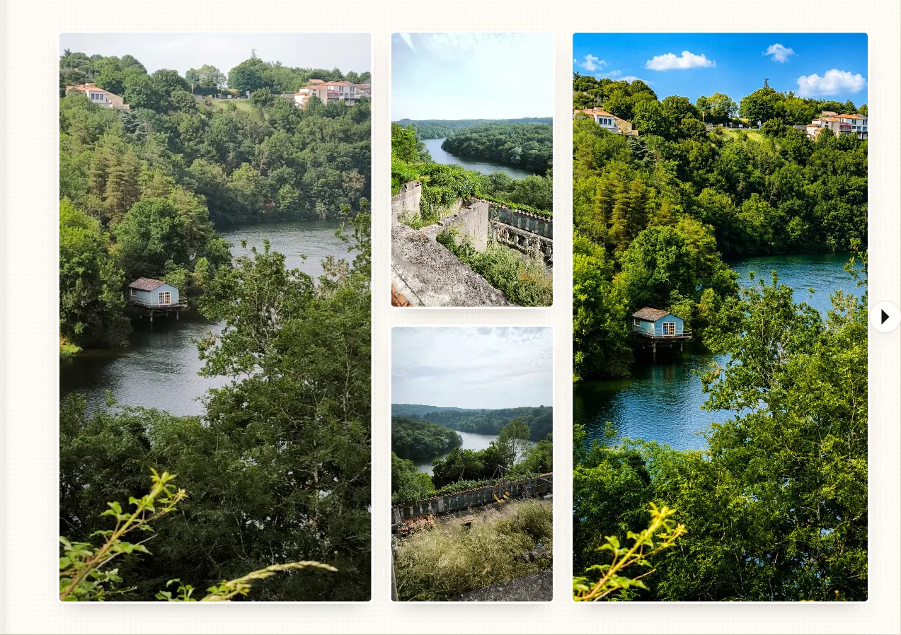 Double page de photos du livre : trois photos de la vallée disposées en colonnes de hauteurs différentes.